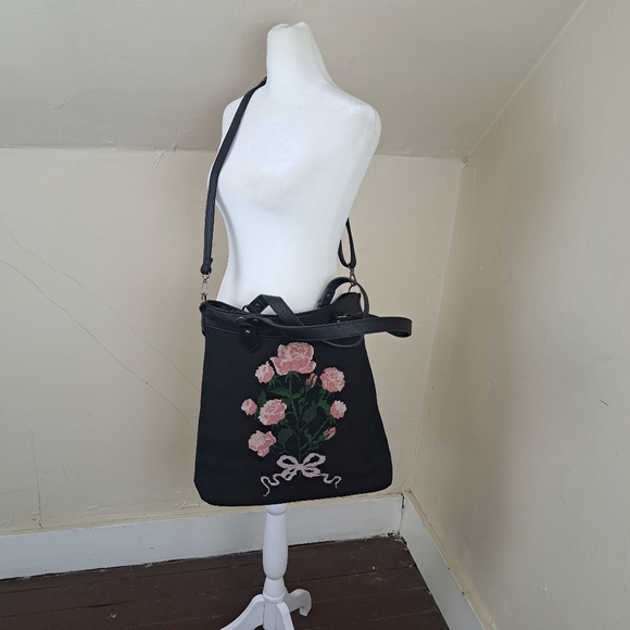 Dolls Kill Widow Shadow Bloom Floral Embroidered Cross-Stitch Black Tote Bag - Picture 1 of 12